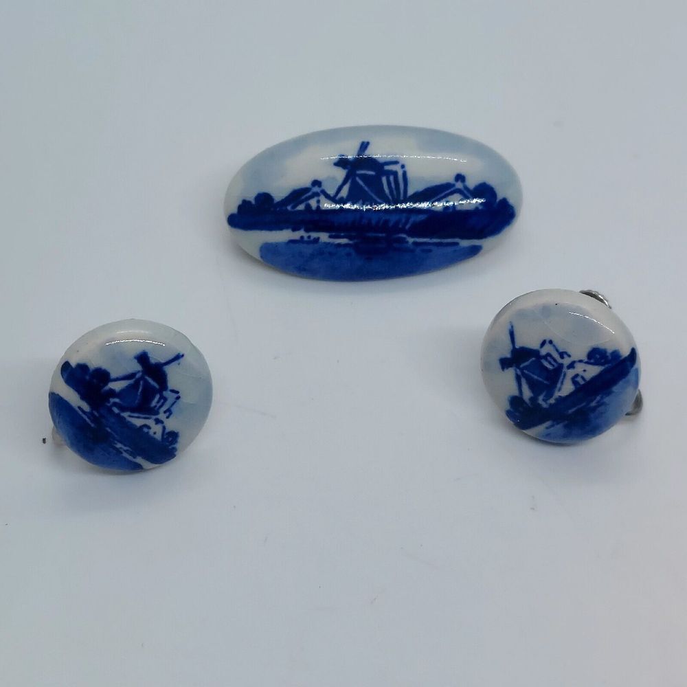 Vintage Delft Blue Ceramic Brooch and Screwback Earring Set Windmill Scene